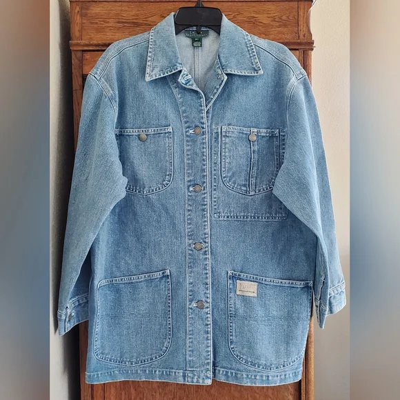 LAUREN RALPH LAUREN WOMEN'S LIGHT WASH DENIM CHORE COAT JACKET MEDIUM - Picture 2 of 9